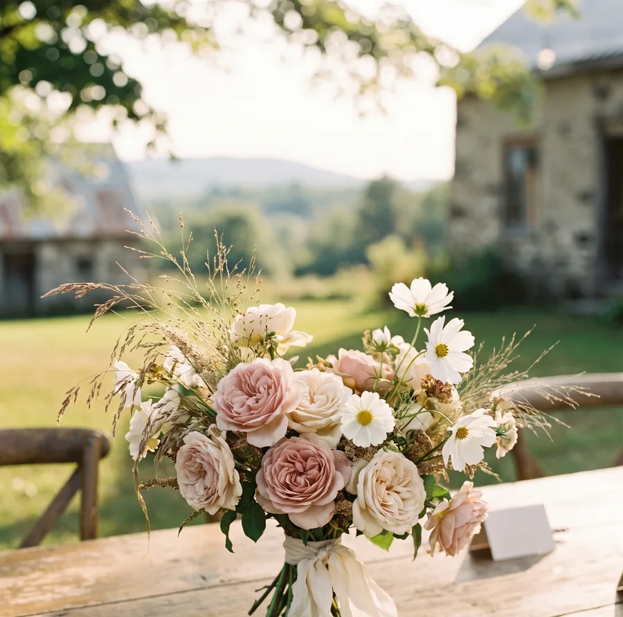 Bouquet de roses de jardin sur une table de bois