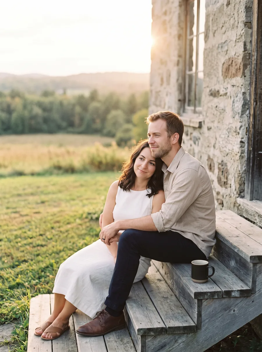 Maria et Mike assis sur les marches d'une maison de pierre