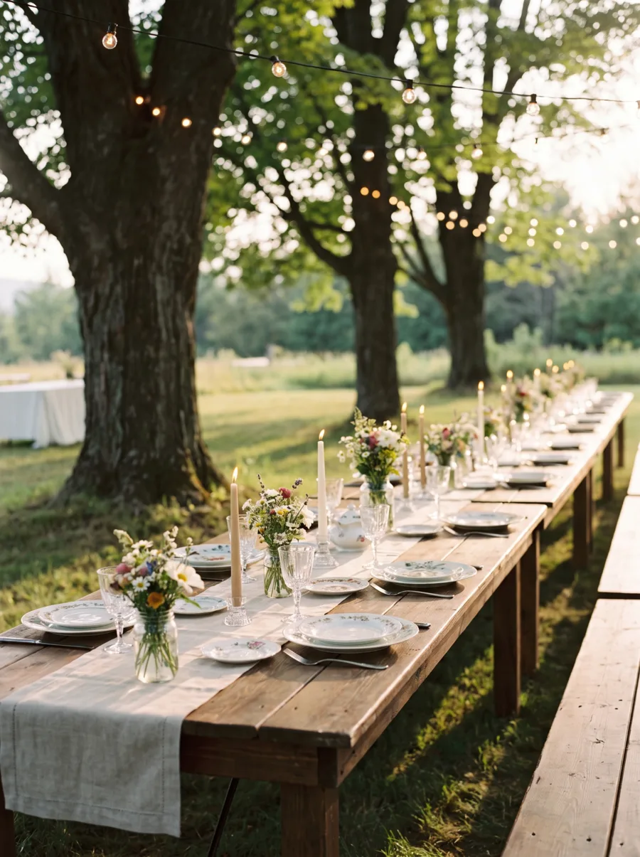 Longue table dressée sous les érables
